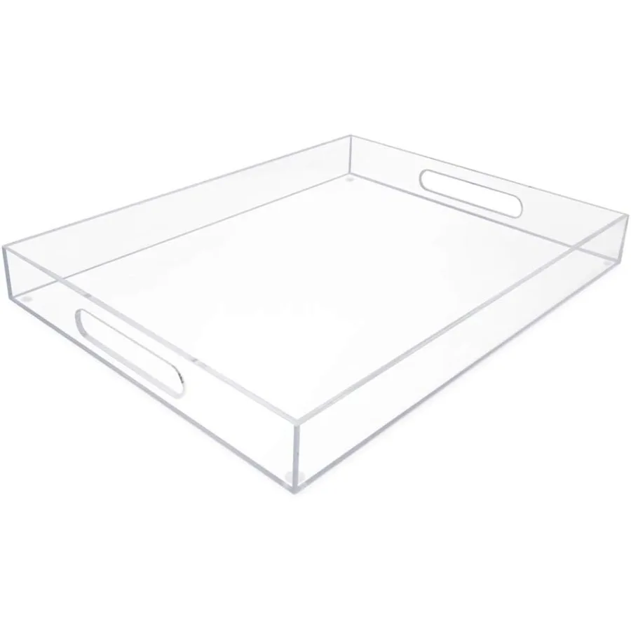 

Clear Acrylic Serving Tray 14x18 with Cutout Handles SpillProof Stackable Organizer SpaceSaver Food and Drinks Server Indoors O