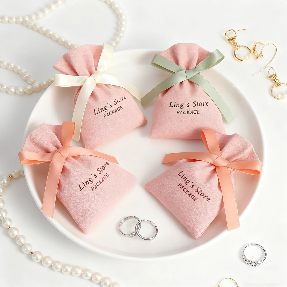 

100Pcs Personalized Logo Cute Small Jewelry Cotton Bag With Ribbon Bowknot Canvas Pouch Earrings Ring Pendant Bracelet Organizer