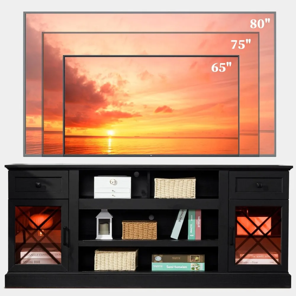 حامل تلفزيون حديث 70 على طراز المزرعة لـ 75-80 تلفزيونًا: مركز ترفيه خشبي أسود مع إضاءة LED وأبواب زجاجية #3