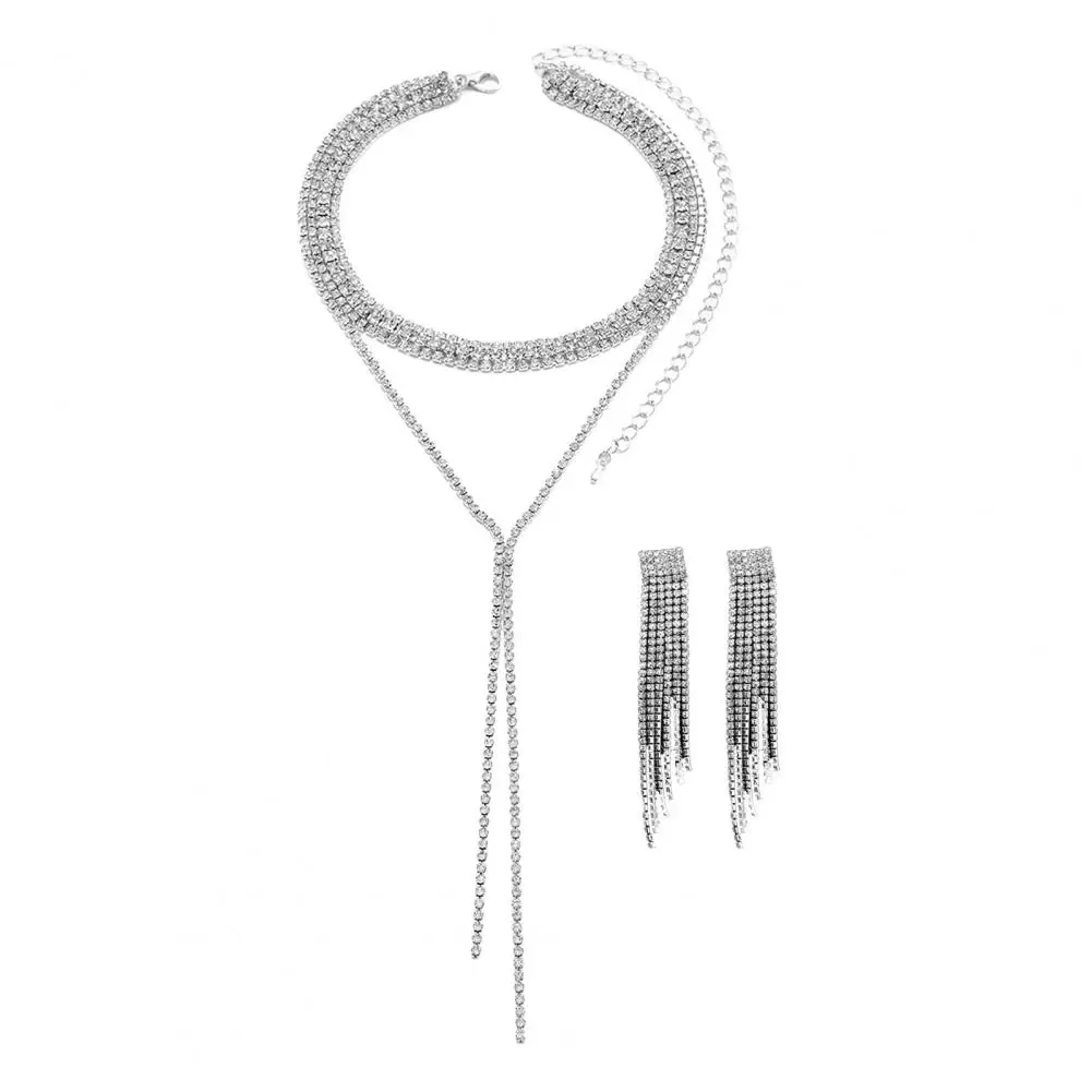 Necklace Hanging Earrings 2 Pcs Women Necklace Earrings Set Multi-layered Tassel Rhinestone Jewelry Adjustable Chain for Formal