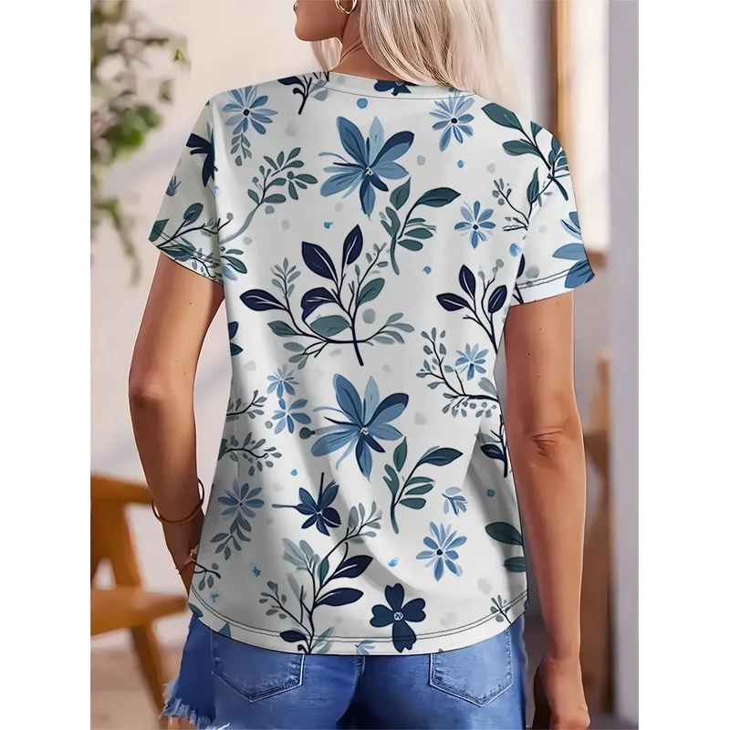 Women's Elegant V-Neck/Short-Sleeve T-Shirt/Navy And Sky Blue Floral Print/Seamless Botanical Pattern on White Background/