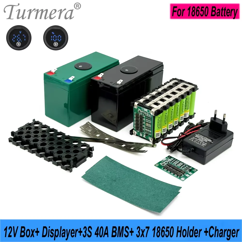 Turmera 12V Scatola di immagazzinaggio batteria SOC Displayer 3X7 18650 Supporto 3S 40A BMS con saldatura di nichel per moto Sostituisci uso al piombo-acido