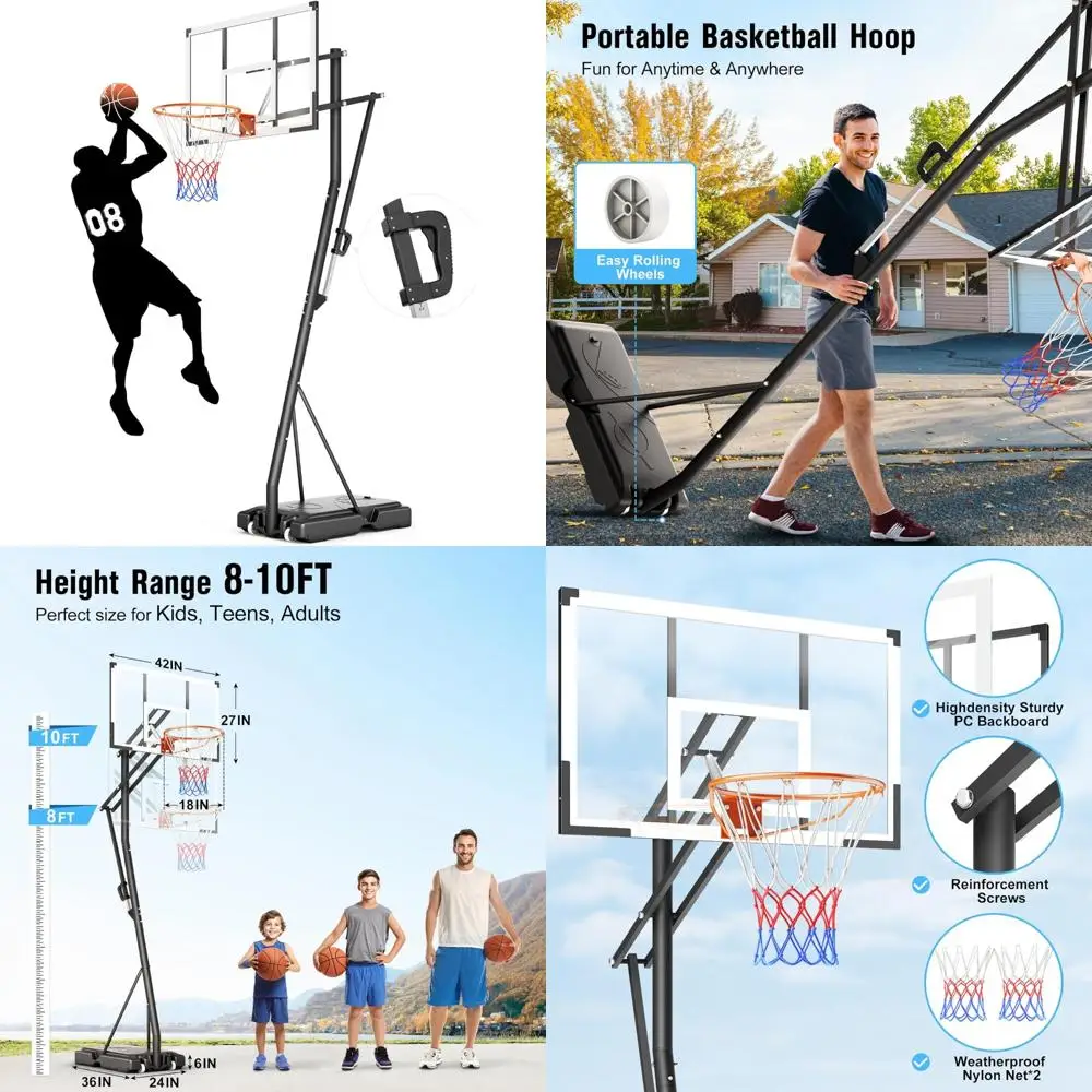 

Adjustable Portable Outdoor Basketball Hoop System with PC Backboard and Wheels for Easy Transport and Setup