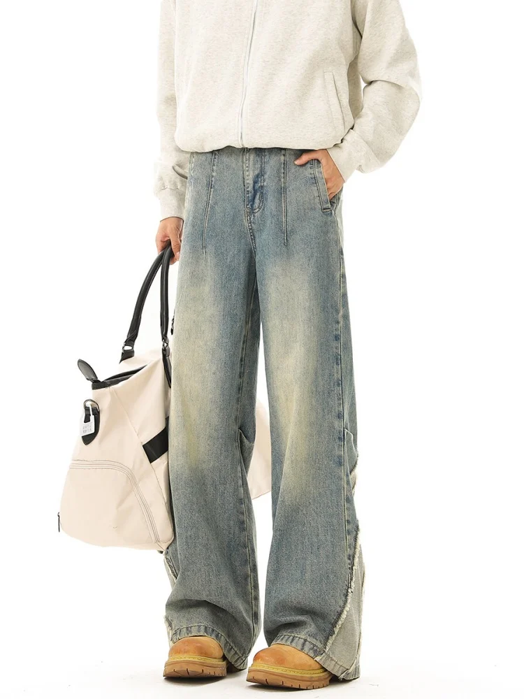 

American Retro Splicing Knife Jeans Men Design Sensation Street Style Straight Leg Micro Flare Long Pants Spring Autumn