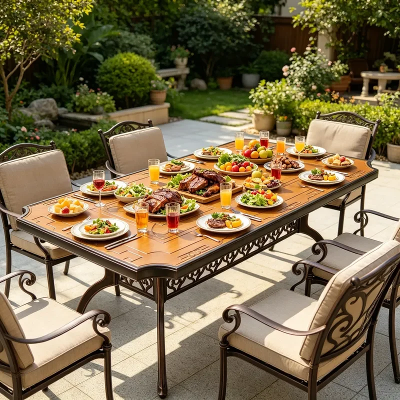 Outdoor Cast Aluminum Rectangular Carved Long Table for Courtyard Terrace Casual Dining Retro Style Countertop Furniture