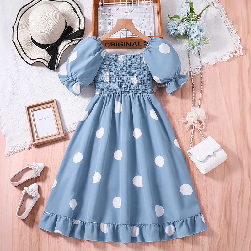 Kids Dress For Girls 8-12 Years Blue Shirred-Bodice Lantern Sleeves Polka Dot Dress Korean Leisure Daily Girls Dress