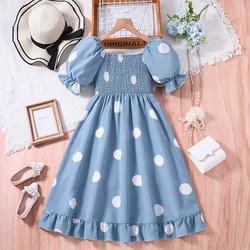 Kids Dress For Girls 8-12 Years Blue Shirred-Bodice Lantern Sleeves Polka Dot Dress Korean Leisure Daily Girls Dress