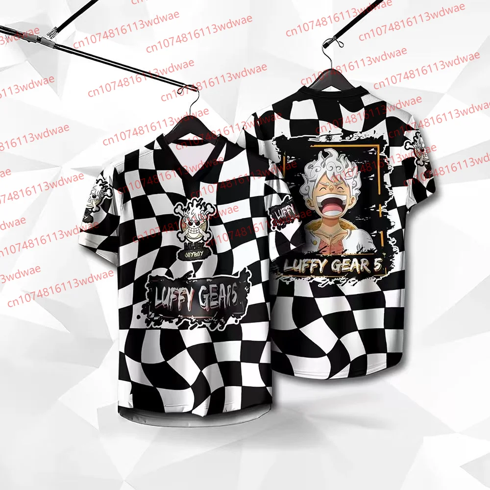 

Japanese Anime One Piece Luffy Gear 5 Short Sleeve Jersey Unisex Black White Check Printed Top Summer Loose V-Neck Sport T-Shirt