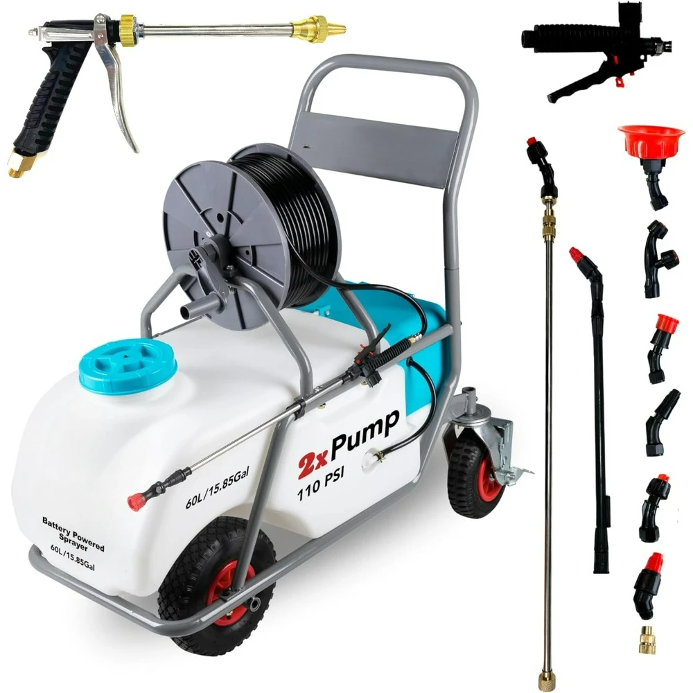 

Battery Powered Sprayer, Double Professional Pump with Adjustable HD Wand and Nozzles, Portable Pushcart Sprayer with Wheels