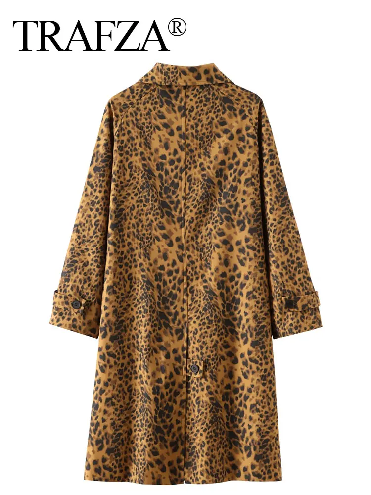 TRAFZA Women Fashion Leopard Print Trench Coat Vintage Long Sleeve Single Breasted Long Jackets 2024 Female Streetwear Coat TRAF