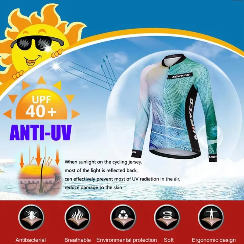 Women Gradient Blue‑Green Printed Long Sleeve Cycling Suit, UPF 40+ Anti‑UV Cycling Jersey and Padded Cushion Bike Pants