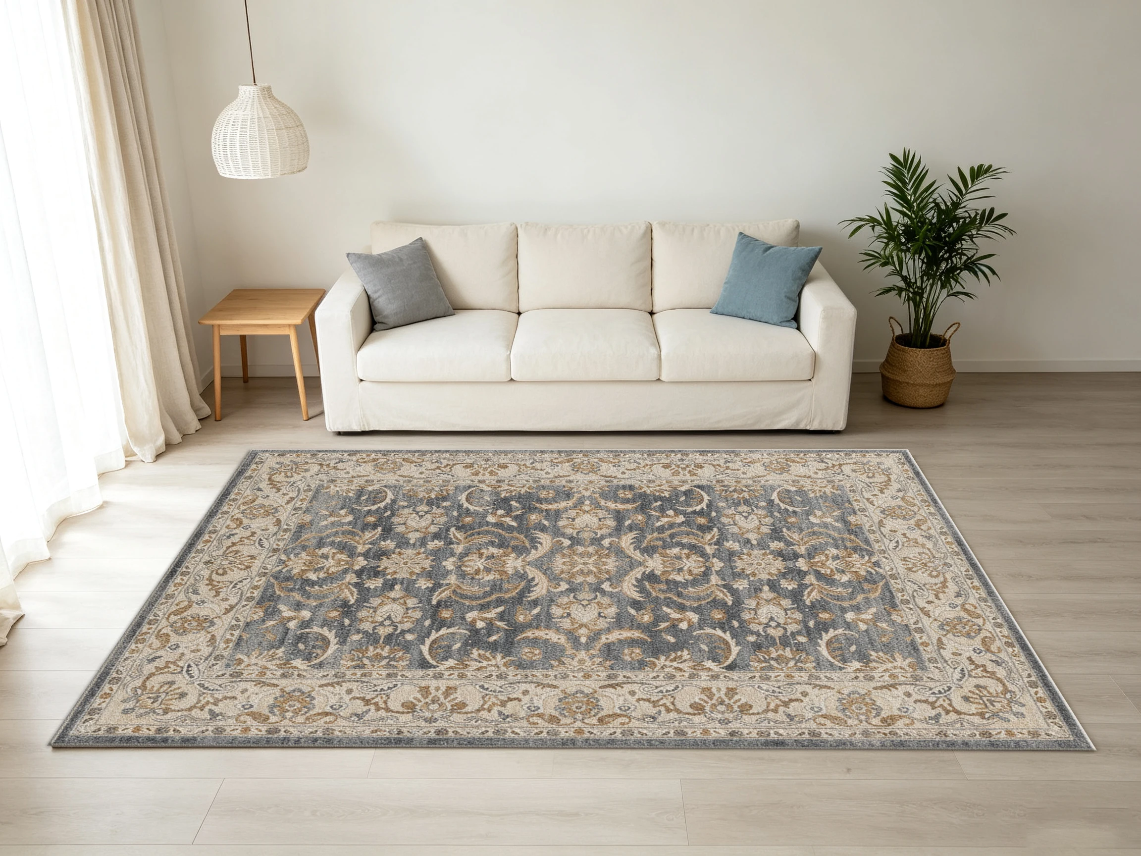 Vintage Grey Blue Oriental Square Carpet Flooring Faded Floral Scroll Pattern Rug for Indoor Home Decoration