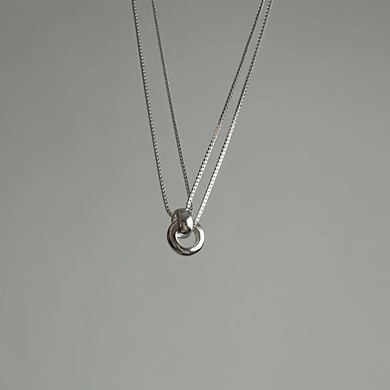 Trendy Simple 925 Sterling Silver Double-ring Interlocking Pendant Double-layer Necklace for Woman Korean Collar Chain Jewelry