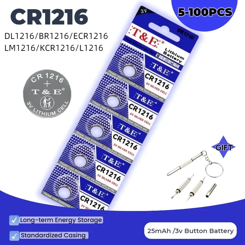 top5PCS-100PCS CR1216 3V Lithium Button Battery BR1216 LM1216 DL1216 ECR1216 5034LC Coin Cell For Watch Toys Clock Remote Contro