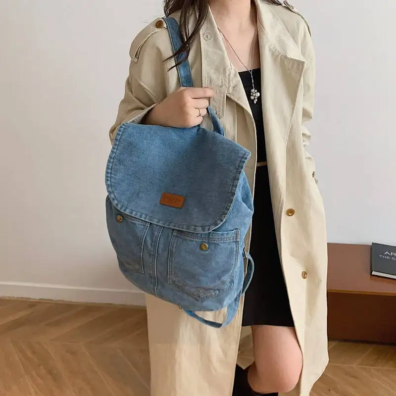 جديد ريترو الدنيم حقيبة الظهر غطاء الوجه جان جيب الأجهزة النحاسية الجلود التسمية عادية اليومية المدرسة الحد الأدنى حقيبة الظهر الموضة