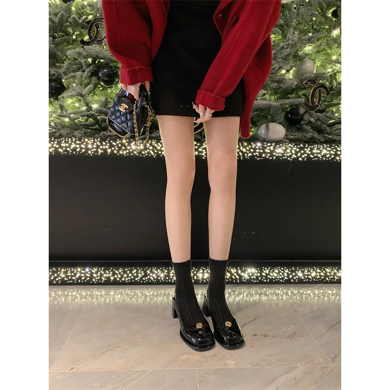 New Elegant Round Head High Heels Women Marie Jane Shoes Flower Lolita Party Shoes Fashion Summer Shallow Cowhide Shoes