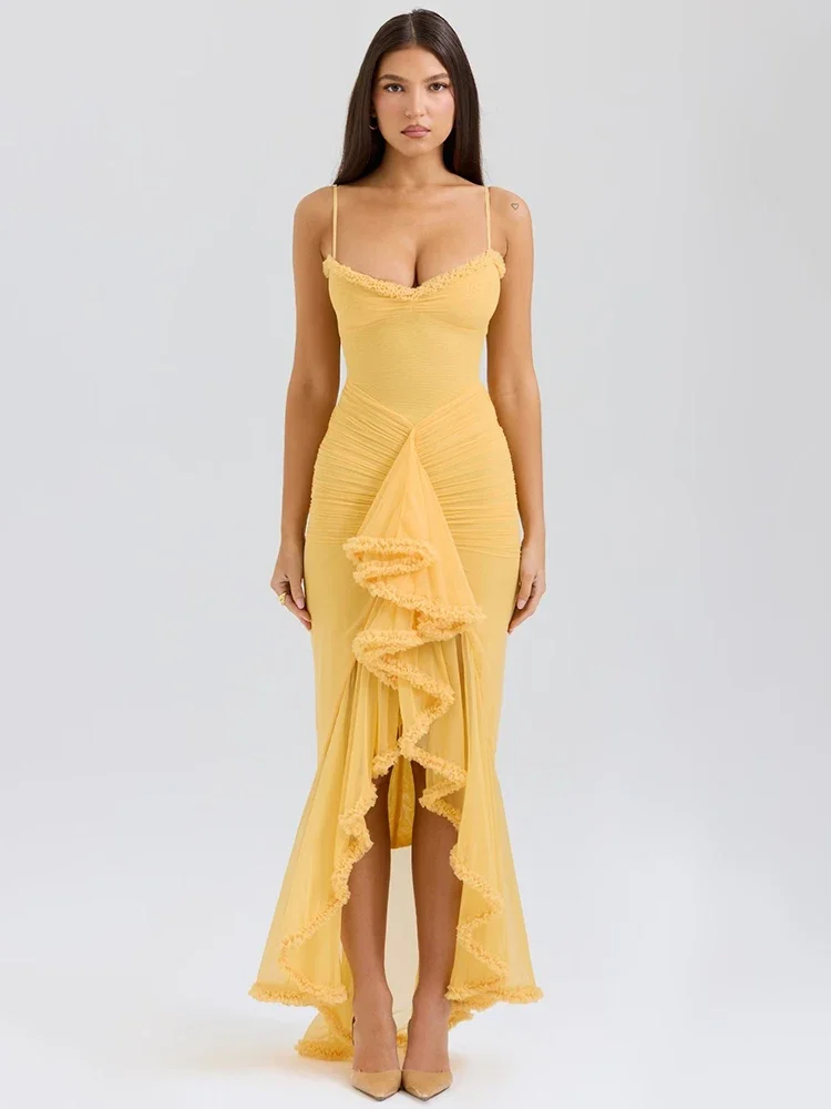 

LangMao Ruffled Draped Ruched Sexy Maxi Dress For Women Yellow Spaghetti Strap Sleeveless Backless Club Party Sexy Long Dress