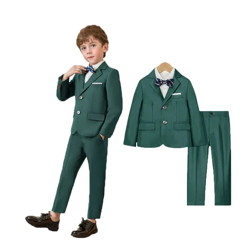 

Boys Green 3Pieces/Set Blazer Jacket Trousers Bowtie School Uniform Kids Wedding Birthday Dress Children Performance Host Suit