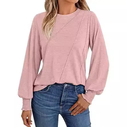 Fashion Pleated Round Neck Tunic Tops Womens Casual Solid Color T Shirt Spring 2025 Ladies Long Lantern Sleeve Tee Shirts