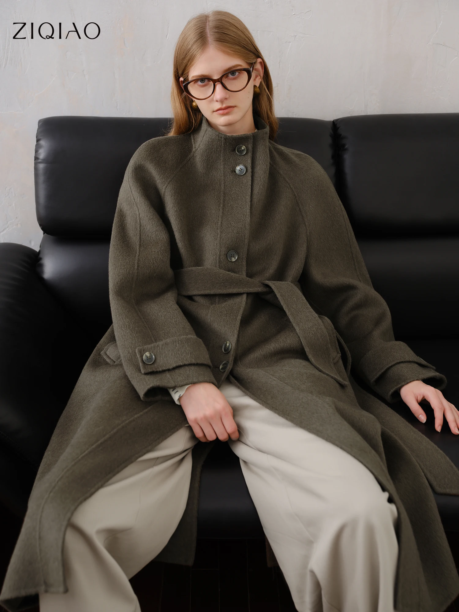 

ZIQIAO Petite Stand Collar Full Wool Coat Women 2025 New Style High-end Woolen Gray Coat Cool Unisex Commuting