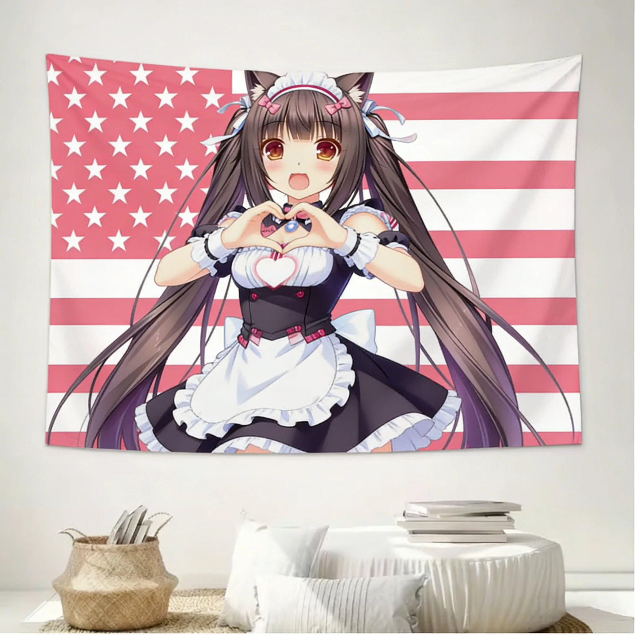 N-NEKOPARA Niedlicher Mädchen-Wandteppich, Heimdekoration, Hintergrundstoff, Wandteppich-Design mit amerikanischer Flagge, Geschenk für Fans und Studenten. – Detail 6