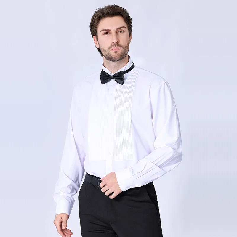 2024 Spring New Men\'s French Dress Shirt Fashion Pleated Decoration Solid Color Tuxedo Shirts White Blue Black Red Purple Yellow