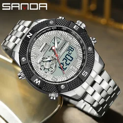 SANDA G style Stainless steel Double Display Quartz Men's Sports Watch Waterproof Chronograph LED Digital Electronic Wrist watch