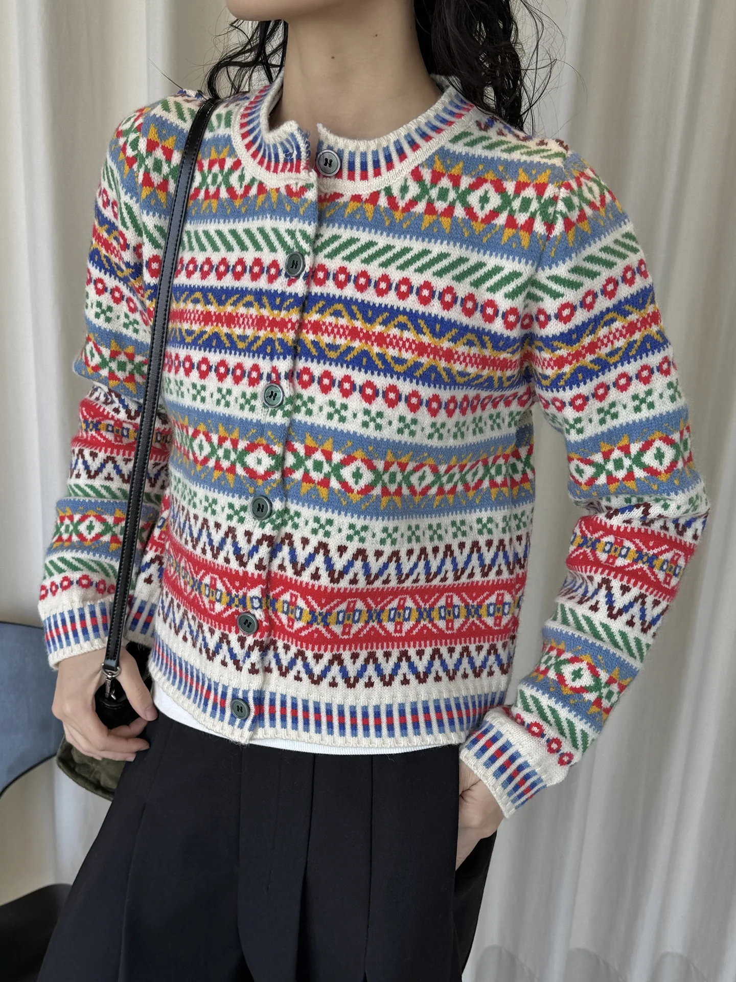 

Early spring new Korean retro famous ethnic style contrasting jacquard knitted wool cardigan, comfortable and warm top for women