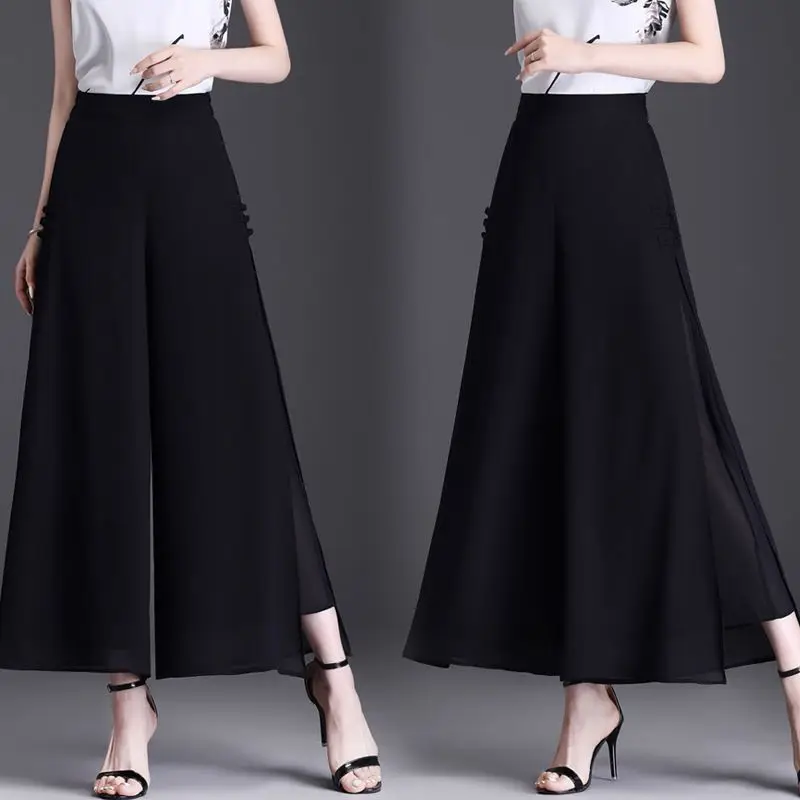 Spódnico-spodnie damskie z wysokim stanem, w kształcie litery A, midi, letnie, cienkie, szyfonowe, z szerokimi nogawkami, zwiewne, długość 7/8, styl koreański, do pracy.