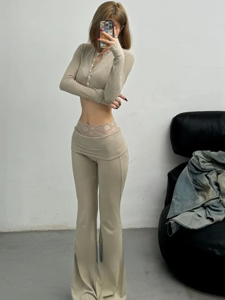 Autumn Solid Casual 2 Piece Sets Women Harajuku Y2k Design Crop Tops+High Waisted Pants Female Korean Fashion Retro Suit 2024