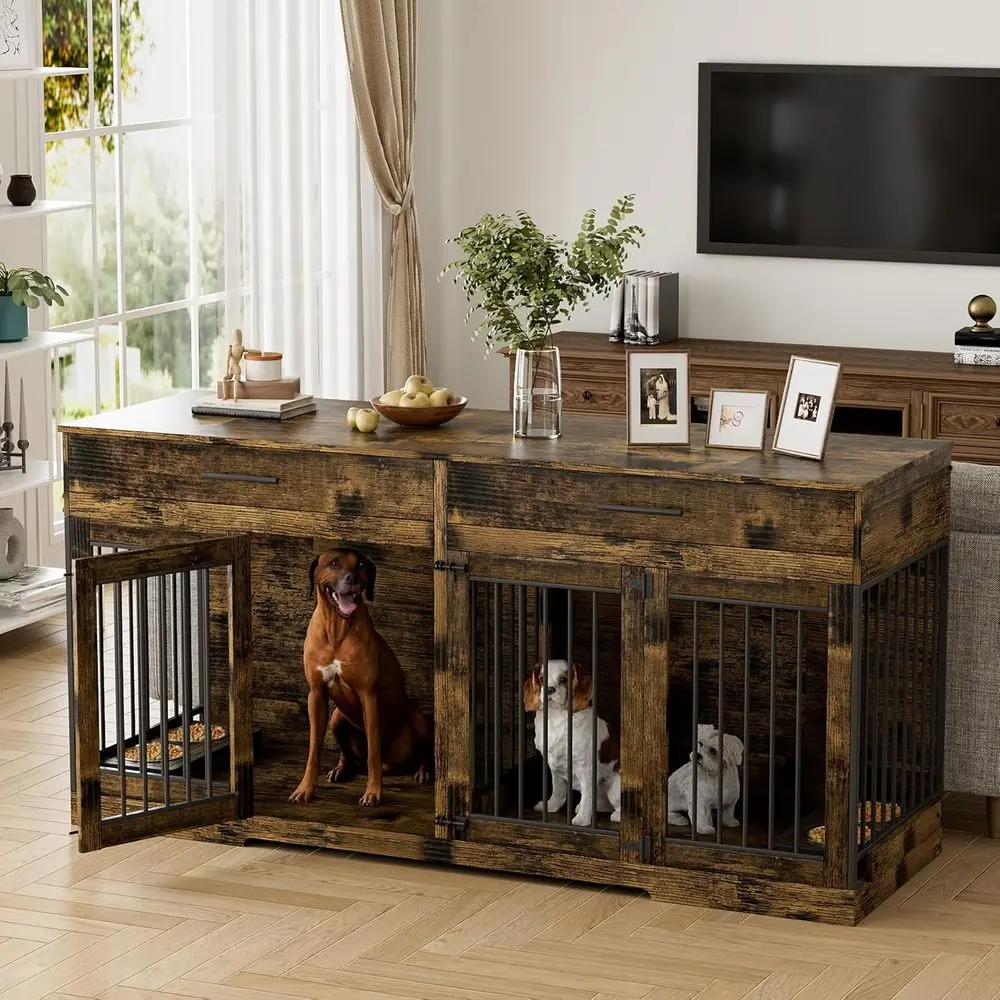 

Large Rustic Brown Wooden Dog Kennel, 72.05 with 2 Doors, Double Bowls, and Divider for Medium to Large Dogs