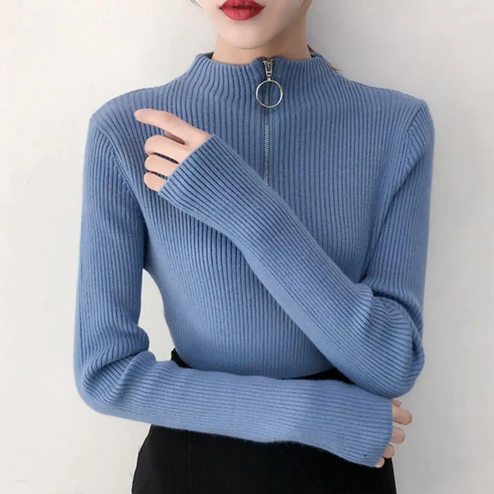 Women Sweater Solid Color Half High Collar Pullover Top Zipper Decoration Casual Base Sweater For Daily Wear Suéter De Mujer