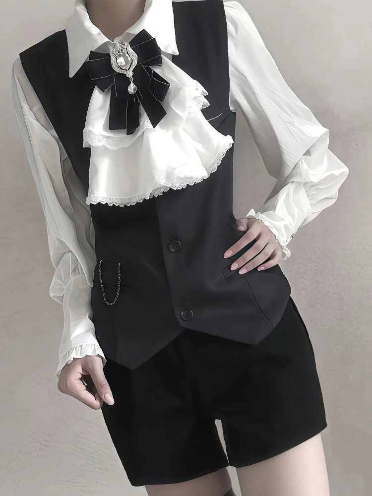 Elegant British Style Three-Piece Set with Shorts Vest Shirt And Bowtie for Women Cool And Sweet Teenage Feeling