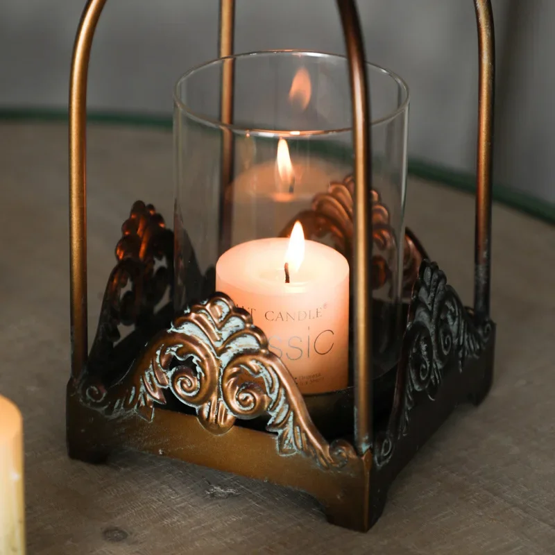 Vintage Glass Candle Holder with Iron Metal Stand Creative Design Decorative Wind Lantern for Dining