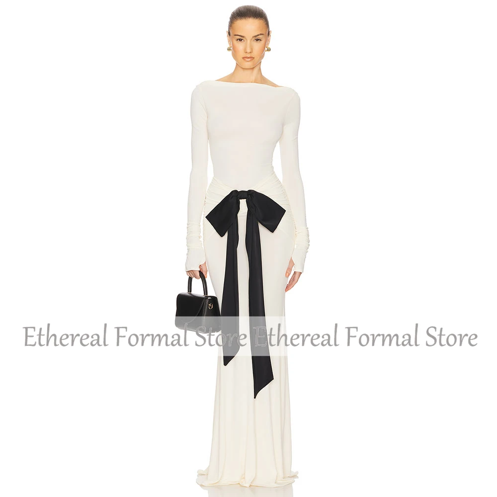 Vestido de noche de color marfil para boda, vestido de fiesta Formal con cuello redondo de sirena, largo hasta el suelo, vestido de fiesta de manga larga con lazo negro, vestido saudí