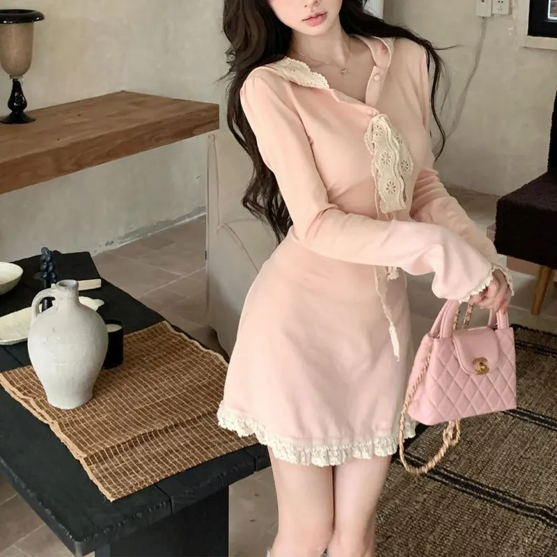 

Casual Hooded Slim Dresses Female Clothing Stylish Lace Drawstring Spring Autumn New Long Sleeve Commute A-Line Waist Mini Dress