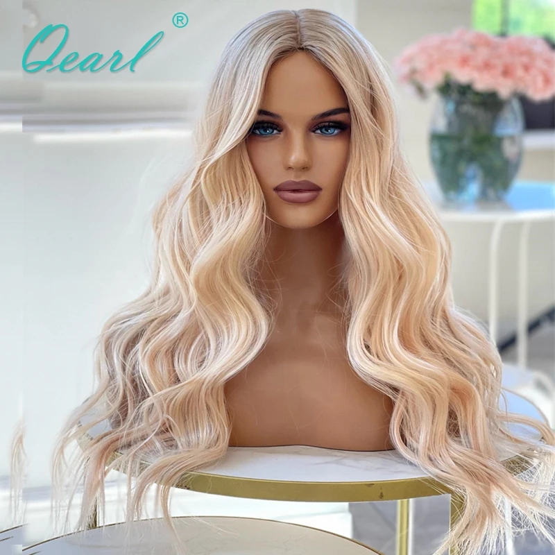 

Long WAvy Human Hair Wigs New in Glueless Ombre Light Honey Blonde 13x6 Lace Frontal Wigs Ash Roots Pre Plucked Lace Wig Qearl