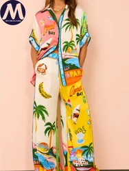 Sets for Women 2 Pieces Summer New Fashion Printing Half Sleeve Shirt Set Casual Loose High Waisted Women's Wide Leg Pants Suits