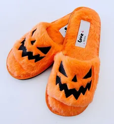 2023 lampion z dyni na Halloween kapcie jesień miękkie Furry komfort zamknięte Toe slajdy kobiety rozmiar 43 kapcie na zewnątrz Zapatos Mujer