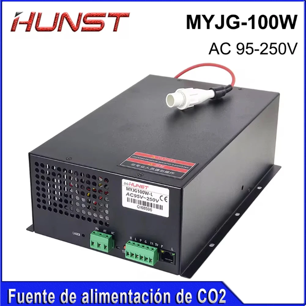 مصدر طاقة ليزر HUNST CO2 MYJG 100W يدعم الجهد 95 ~ 250 فولت ويستخدم لآلات النقش والقطع بالليزر 80-100 وات.