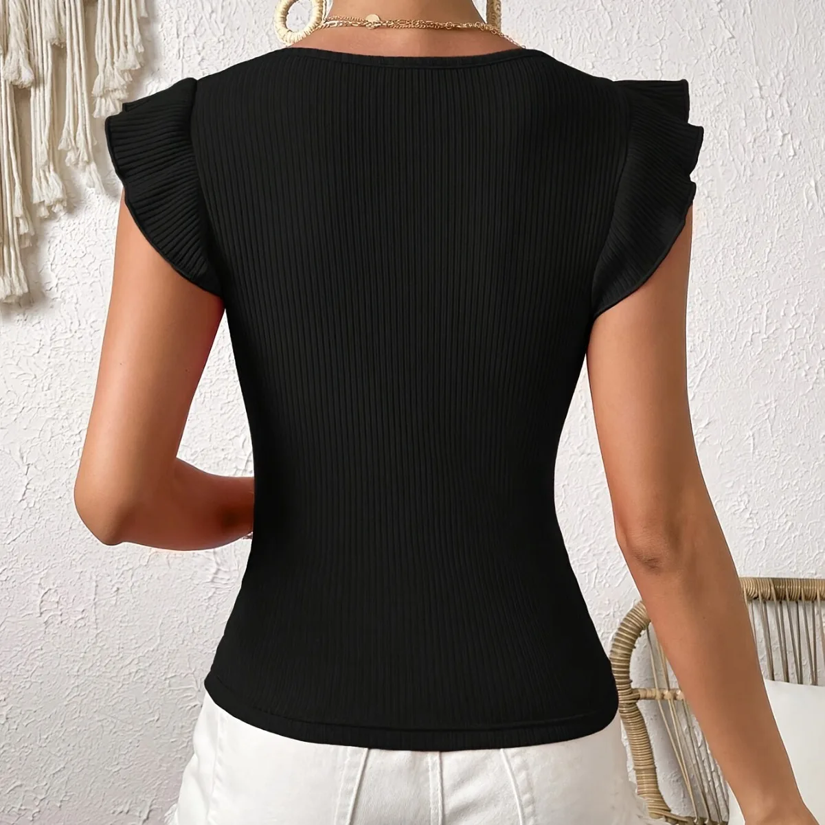 Solid O-Neck Tops Ruffle Knitted T-Shirt Sleeveless Elegant Women Short Sleeve Fashion Slim Lady Clothes Spring Summer