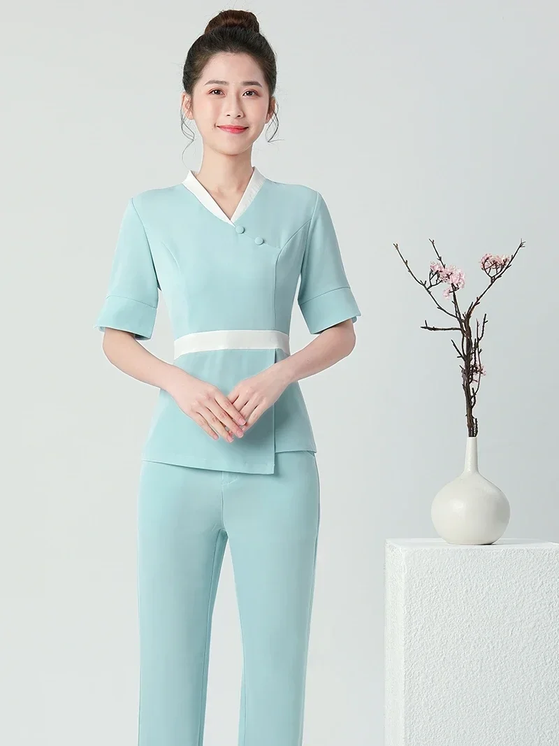 ใหม่ช่างเสริมสวยความเป็นผู้หญิง workwear ฤดูร้อนชุดนวดเท้าสปาคลับศูนย์สุขภาพ 1 ชิ้น