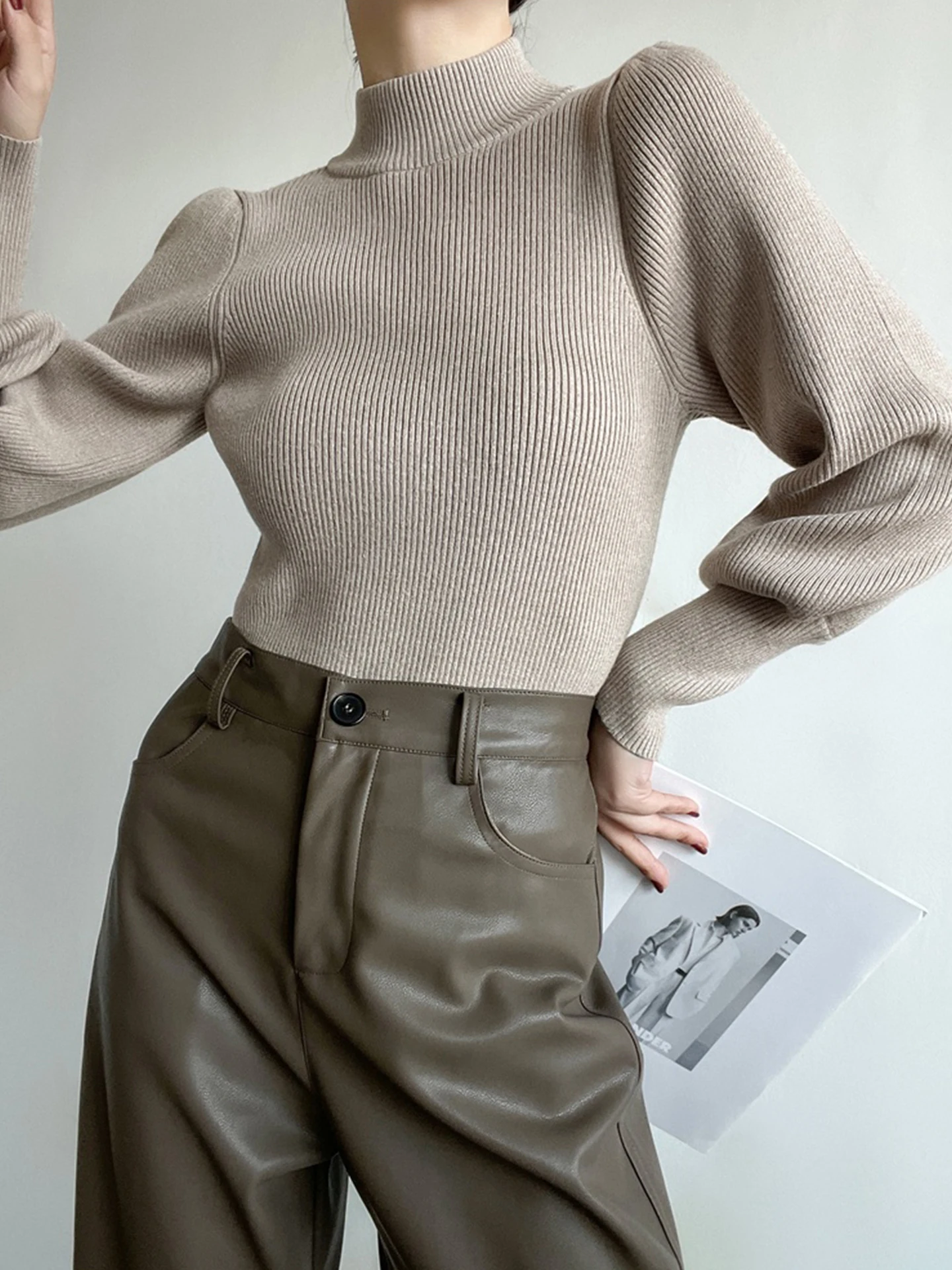 

Warm Knitted Sweater Long Sve Overhead Casual Women's Sle Commute Faion Korean Version Slim Fit Pure Color Winter Top