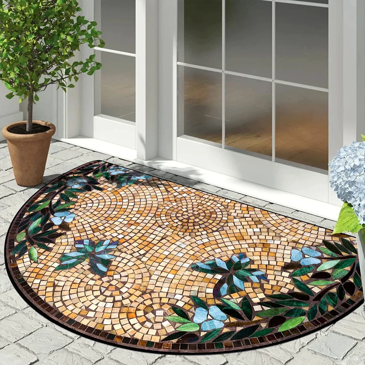 VIKAMA Semi-Circular Mosaic Non-Slip Floor Mat Vintage Floral Geometric Patchwork Patio Entry Porch Balcony High Traffic Area