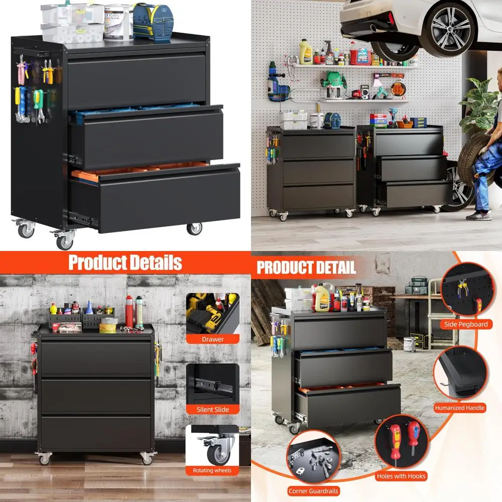 Cómoda de herramientas de metal con ruedas y 3 cajones para almacenamiento, requerida ensamblada, organizador de gabinete de garaje