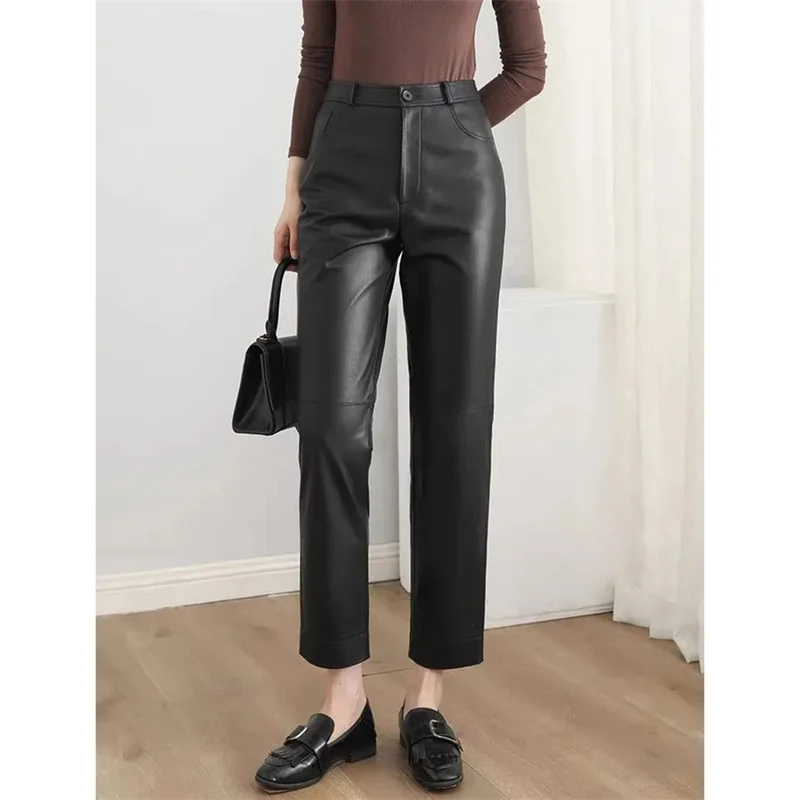 

Черные брюки из искусственной кожи для женщин с высокой талией в стиле ретро, прямые брюки из мягкой искусственной кожи, осенне-зимние брюки до щиколотки