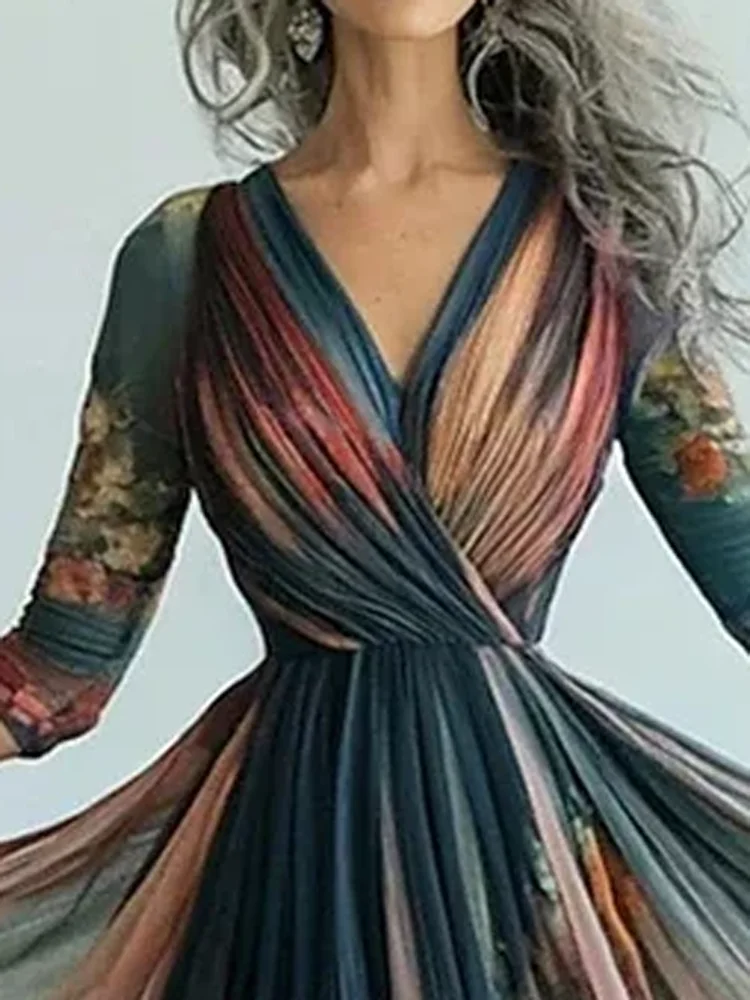 

Elegant V Neck Color Blocked Long Dress Women Fashion Hight Waist Big Swing Dress Casual Long Sleeve Printed Pleat Party Dresses
