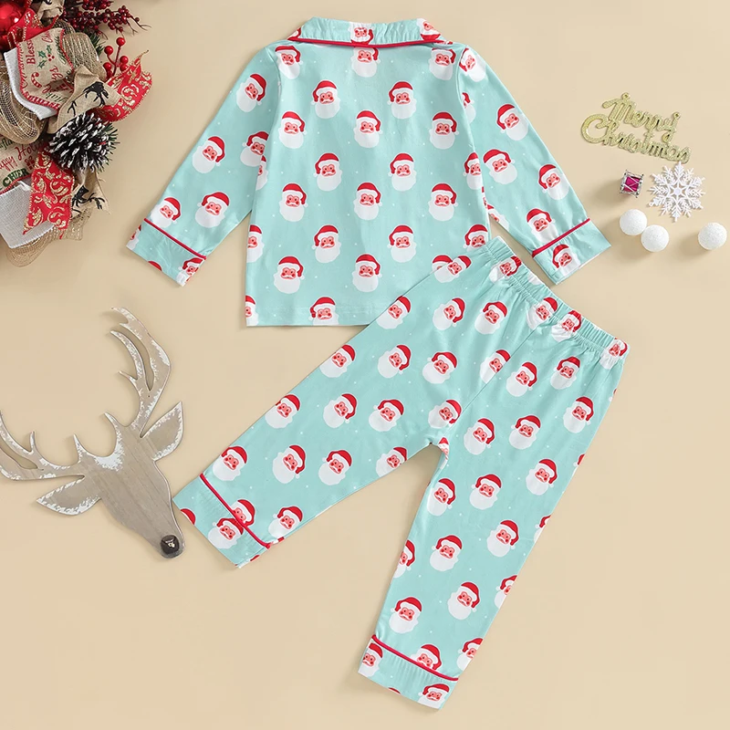 Kids Girls Boys Christmas Pajamas Set Santa Claus Print Long Sleeve Shirt and Elastic Pants Loungewear Sleepwear