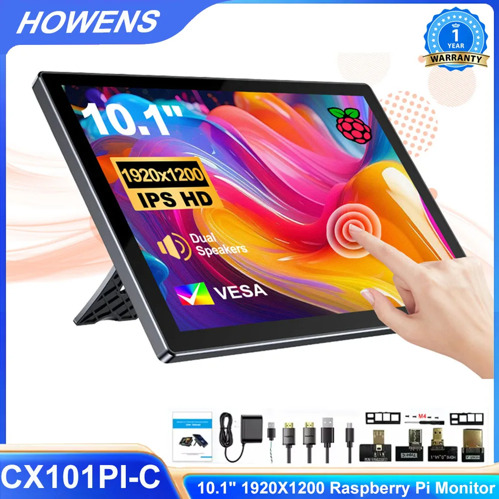 HOWENS 10.1 Inch IPS Touch Screen LCD HDMI Display Portable Touchscreen Monitor Gaming 1920x1200 for Raspberry Pi 5 4 3 3B+ 2