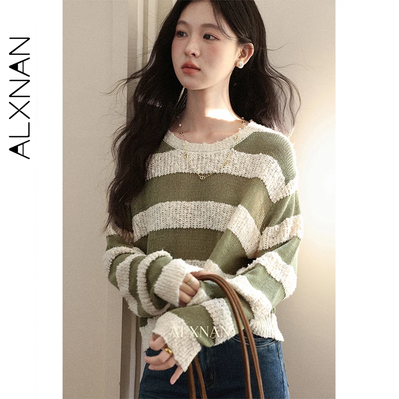 

ALXNAN женский свитер в полоску в стиле пэчворк с цветными блоками трикотаж с заниженными плечами и круглым вырезом осенний повседневный пуловер для поездок на работу J12205